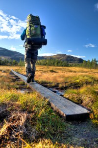 Wanderer mit Rucksack auf dem Weg durch Moorlandschaft