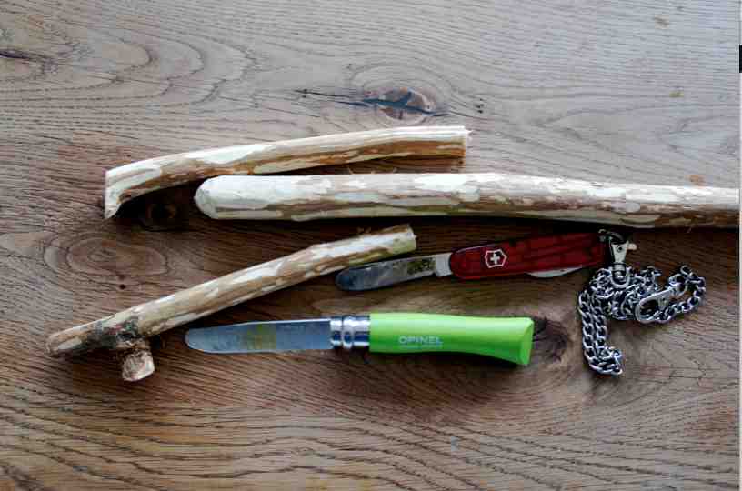 Hier ist alles was wir für die Winterzwerge brauchen: Taschenmesser und Haselnusszweige.Foto: (c) Kinderoutdoor.de