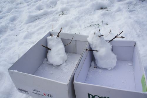 Auf geht's zur lustigen Schneemann Rallye! Mit Schneebällen bewegt ihr die Kartons mit den Schneemännern vorwärts.  Foto: (c) Kinderoutdoor.de