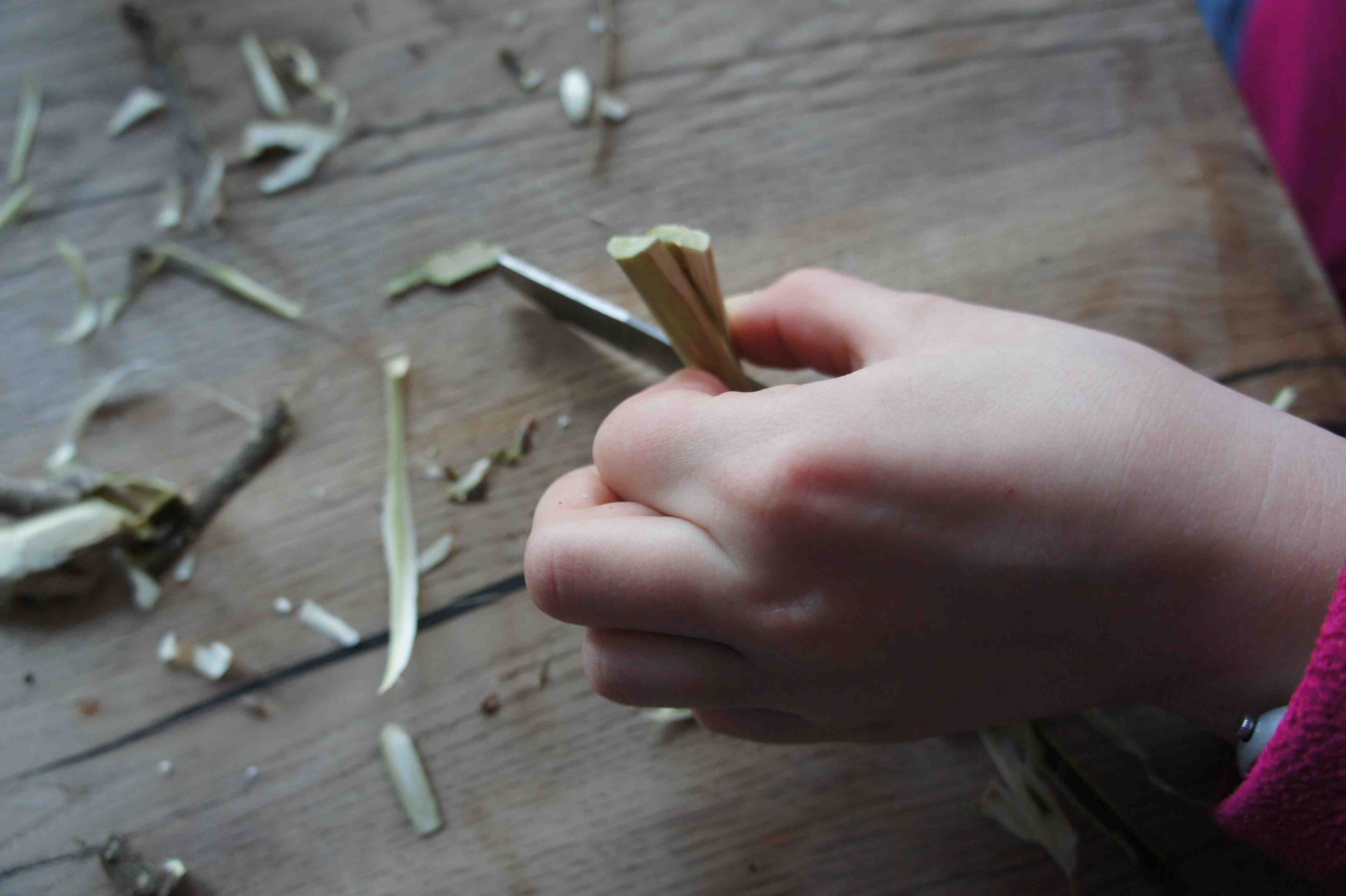 Vom kleinen Zweig, den ihr entrindet habt, schneidet ihr ein Stück ab, spaltet es und schnitzt einen Propeller daraus.   Foto: (c) Kinderoutdoor.de