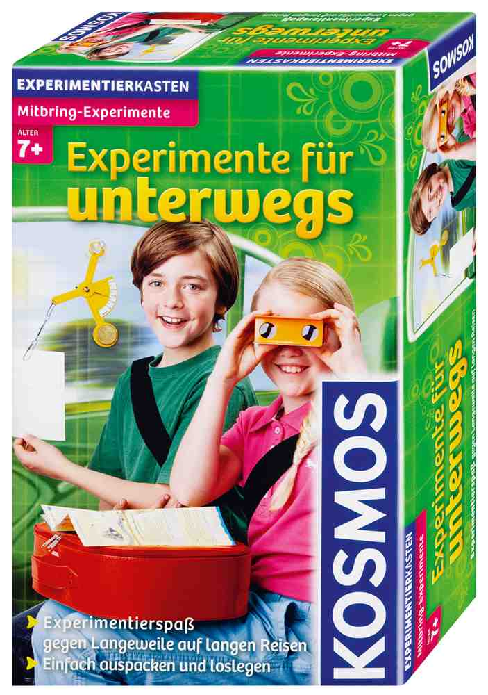 Spiele auf Reisen für Kinder ! Mit dem Experimentierkasten für Unterwegs von Kosmos kommt garantiert keine Langeweile auf. Foto: (c) Kosmos-Verlag