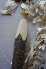 Mit einem Schnitt flachen unsere kleinen Holzschnitzer die Spitze ab. Foto: (c) Kinderoutdoor.de
